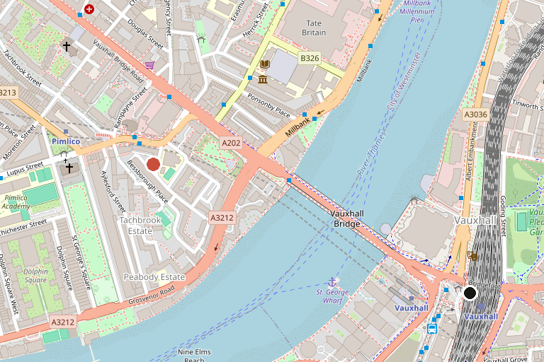 Map showing the route from Vauxhall Station to 6a Bessborough Place, Pimlico SW1V 3SG.