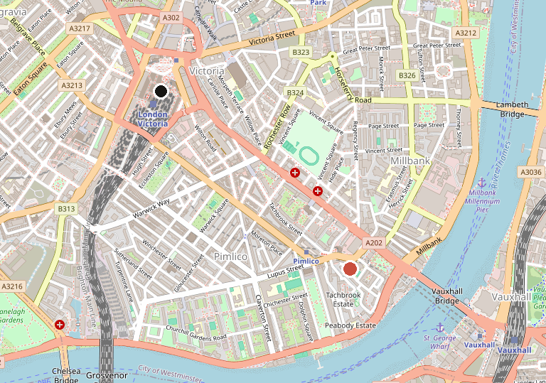 Map showing the route from Victoria Station to 6a Bessborough Place, Pimlico SW1V 3SG.